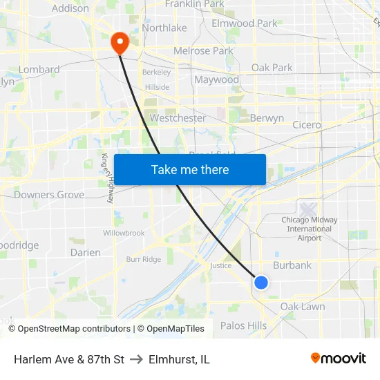 Harlem Ave & 87th St to Elmhurst, IL map