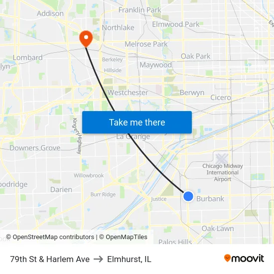 79th St & Harlem Ave to Elmhurst, IL map