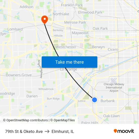 79th St & Oketo Ave to Elmhurst, IL map