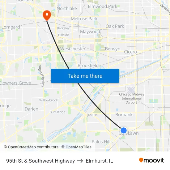 95th St & Southwest Highway to Elmhurst, IL map
