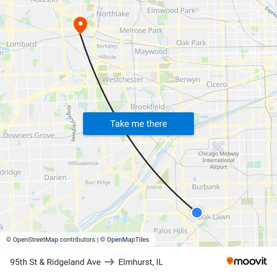 95th St & Ridgeland Ave to Elmhurst, IL map