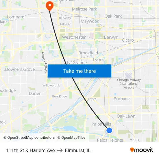 111th St & Harlem Ave to Elmhurst, IL map