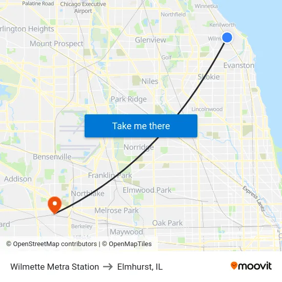Wilmette Metra Station to Elmhurst, IL map