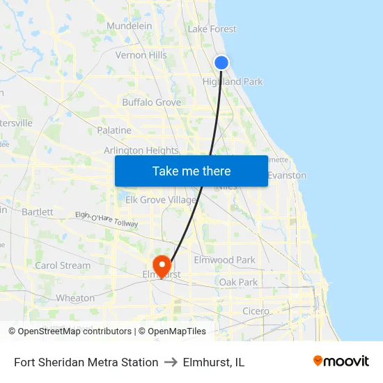 Fort Sheridan Metra Station to Elmhurst, IL map