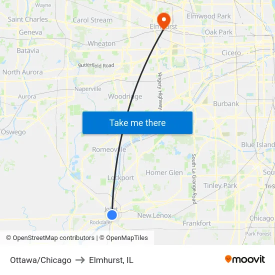 Ottawa/Chicago to Elmhurst, IL map