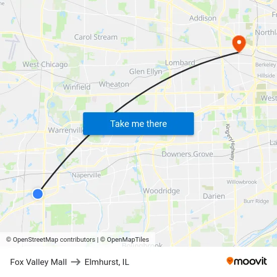 Fox Valley Mall to Elmhurst, IL map