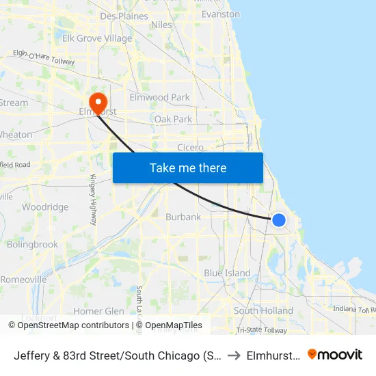 Jeffery & 83rd Street/South Chicago (South) to Elmhurst, IL map