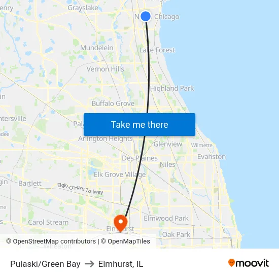 Pulaski/Green Bay to Elmhurst, IL map