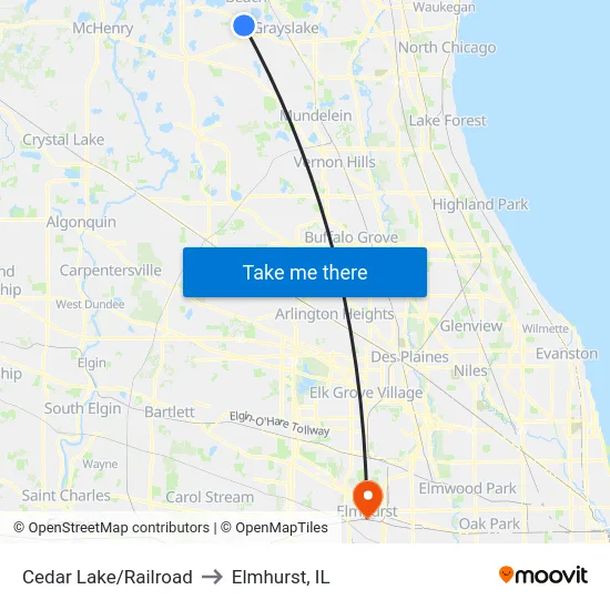Cedar Lake/Railroad to Elmhurst, IL map