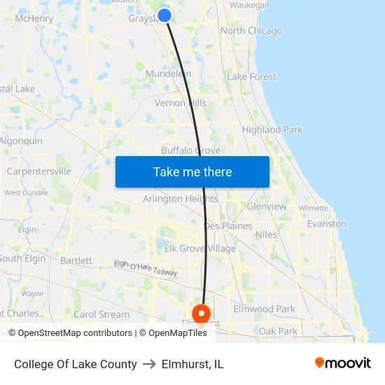 College Of Lake County to Elmhurst, IL map