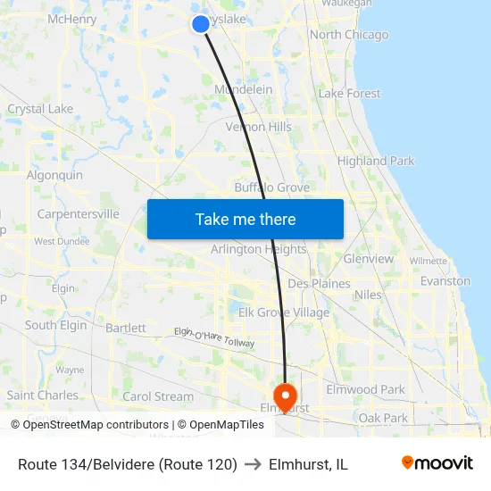 Route 134/Belvidere (Route 120) to Elmhurst, IL map