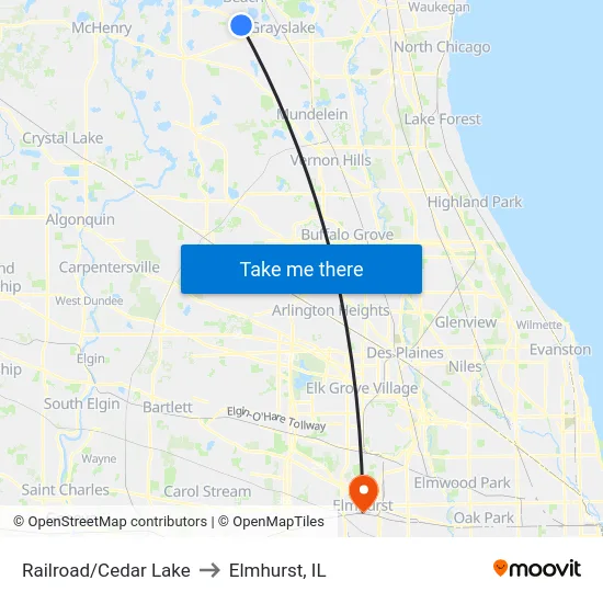 Railroad/Cedar Lake to Elmhurst, IL map