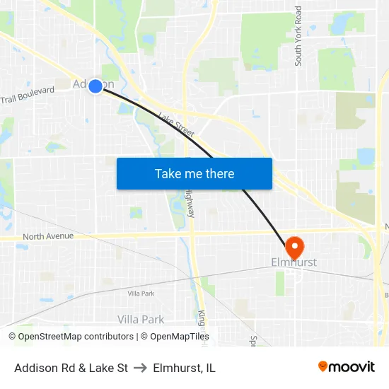 Addison Rd & Lake St to Elmhurst, IL map