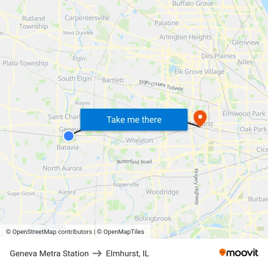 Geneva Metra Station to Elmhurst, IL map
