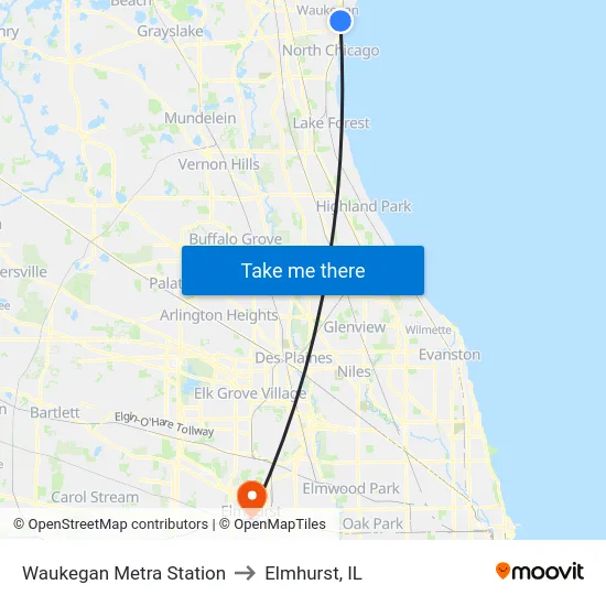 Waukegan Metra Station to Elmhurst, IL map