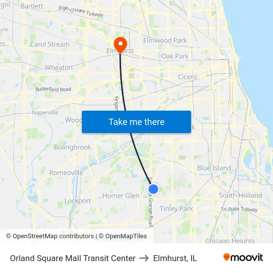 Orland Square Mall Transit Center to Elmhurst, IL map