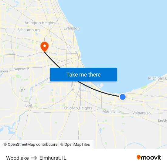 Woodlake to Elmhurst, IL map