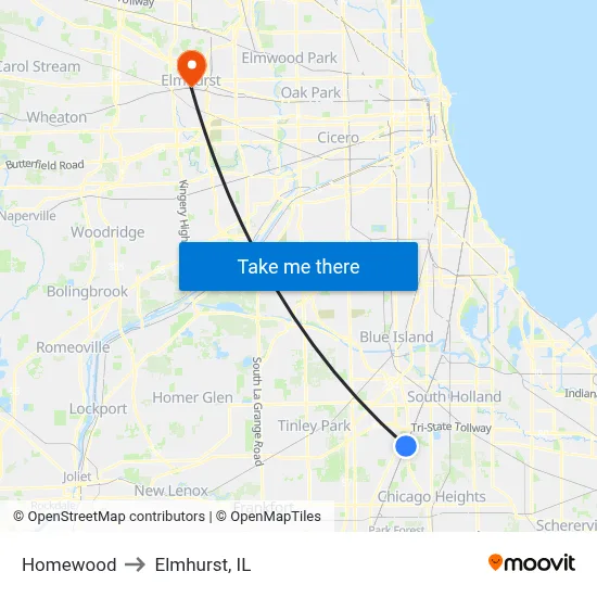 Homewood to Elmhurst, IL map