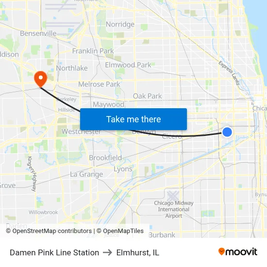 Damen Pink Line Station to Elmhurst, IL map