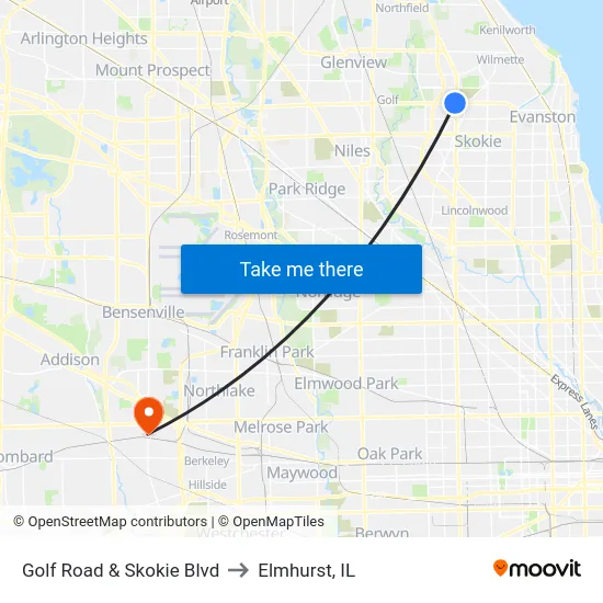 Golf Road & Skokie Blvd to Elmhurst, IL map