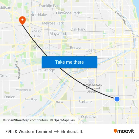 79th & Western Terminal to Elmhurst, IL map