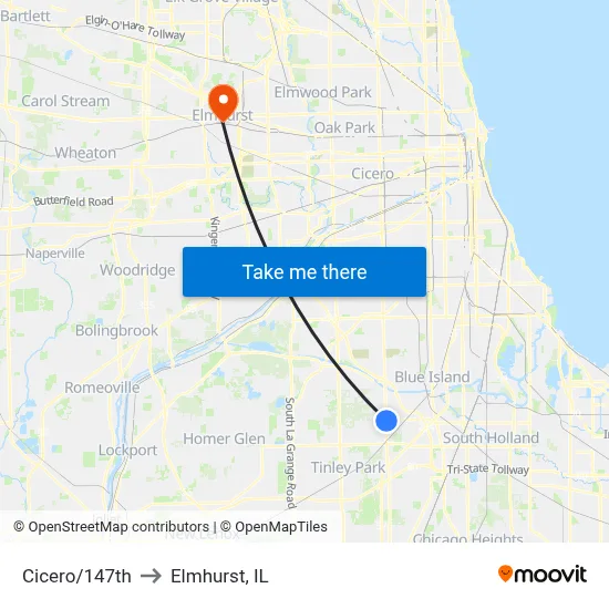 Cicero/147th to Elmhurst, IL map