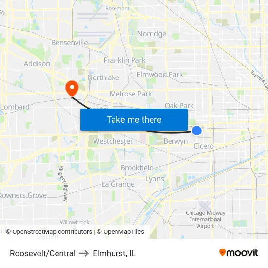 Roosevelt/Central to Elmhurst, IL map