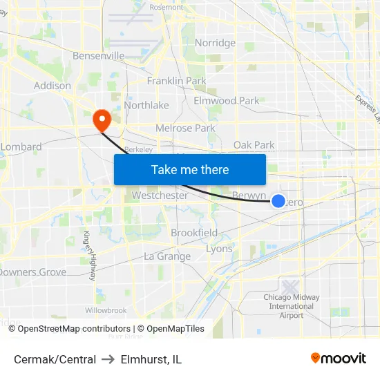 Cermak/Central to Elmhurst, IL map