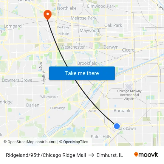 Ridgeland/95th/Chicago Ridge Mall to Elmhurst, IL map
