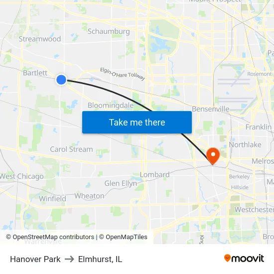 Hanover Park to Elmhurst, IL map