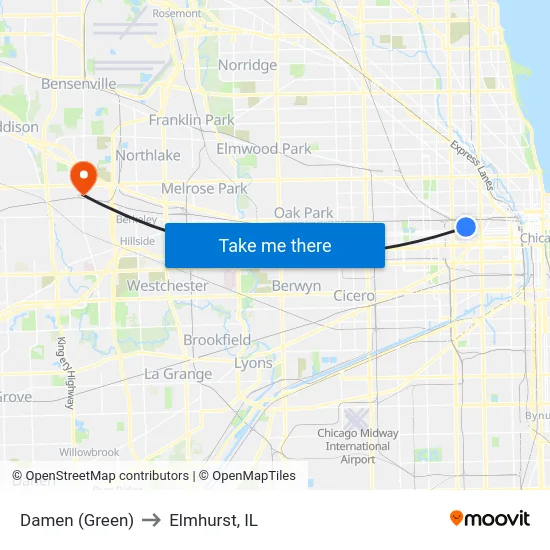 Damen (Green) to Elmhurst, IL map