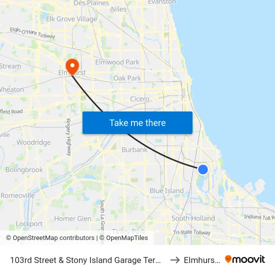 103rd Street & Stony Island Garage Terminal (Nw) to Elmhurst, IL map