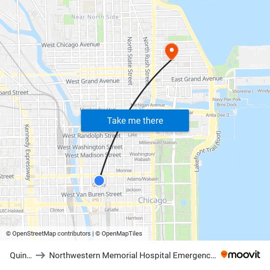 Quincy to Northwestern Memorial Hospital Emergency Room map