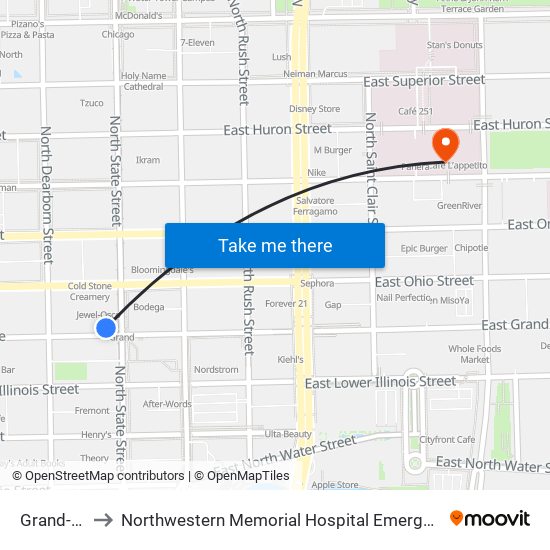 Grand-Red to Northwestern Memorial Hospital Emergency Room map