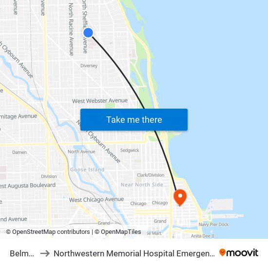 Belmont to Northwestern Memorial Hospital Emergency Room map