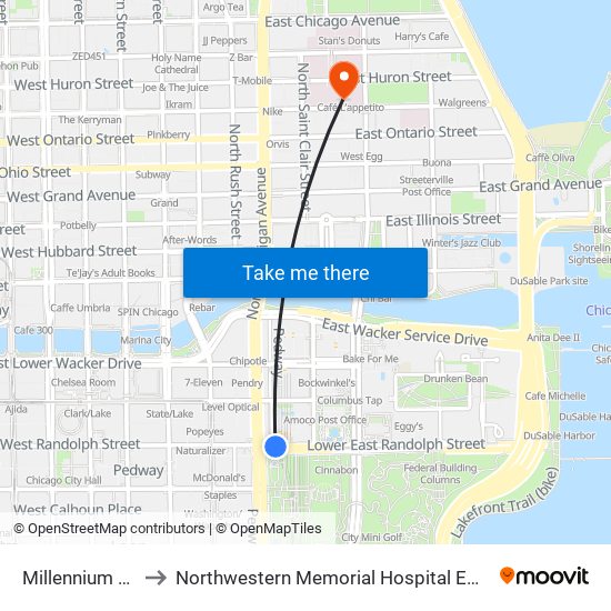 Millennium Station to Northwestern Memorial Hospital Emergency Room map