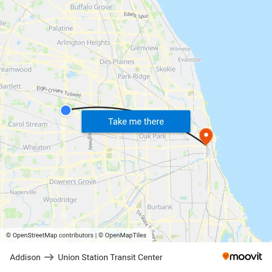 Addison to Union Station Transit Center map