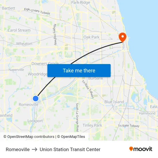 Romeoville to Union Station Transit Center map