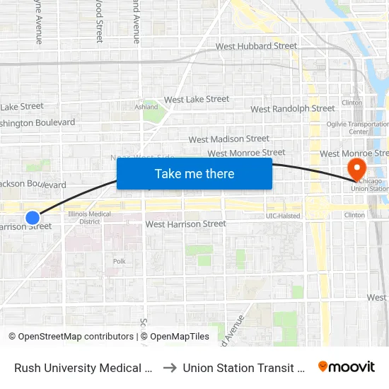 Rush University Medical Center to Union Station Transit Center map