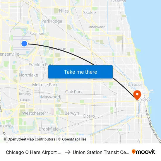 Chicago O Hare Airport ORD to Union Station Transit Center map