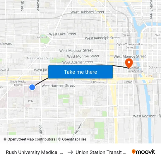 Rush University Medical Center to Union Station Transit Center map