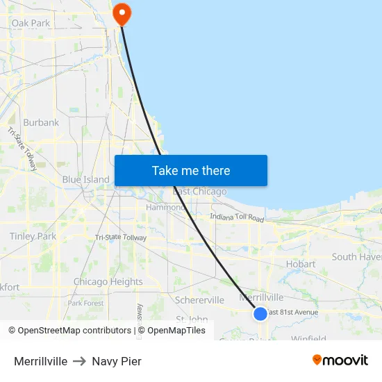 Merrillville to Navy Pier map