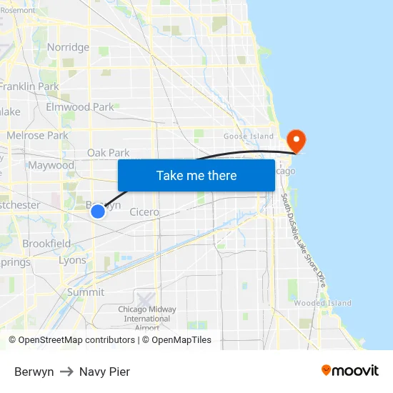 Berwyn to Navy Pier map