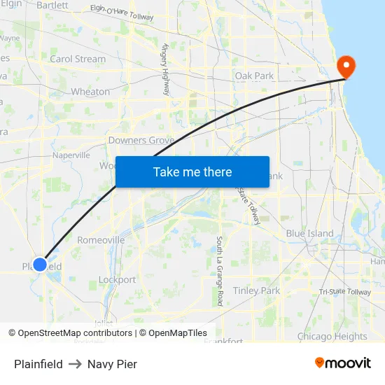 Plainfield to Navy Pier map