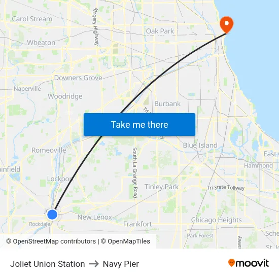 Joliet Union Station to Navy Pier map