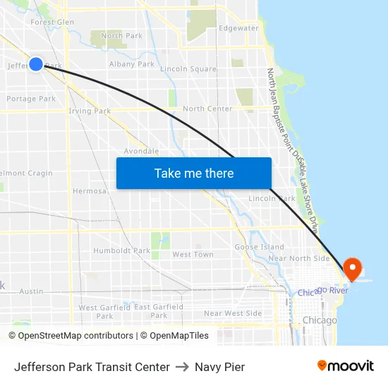 Jefferson Park Transit Center to Navy Pier map