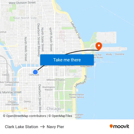 Clark Lake Station to Navy Pier map