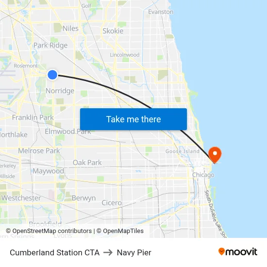 Cumberland Station CTA to Navy Pier map