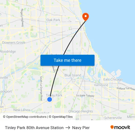 Tinley Park 80th Avenue Station to Navy Pier map