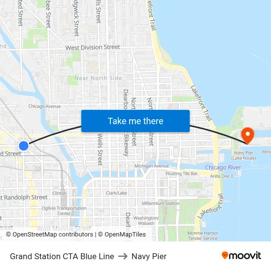Grand Station CTA Blue Line to Navy Pier map